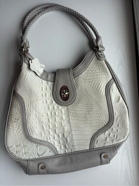 Madi Claire Vintage Ivory Animal Print Shoulder Bag with Light Gray Trim